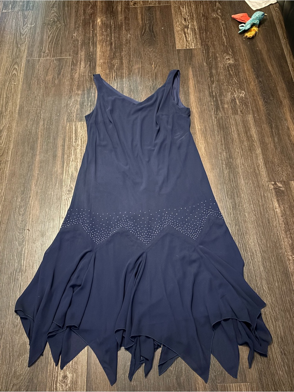 S.L. Fashions Navy Asymmetrical Handkerchief-Hem Dress with Rhinestone Accents